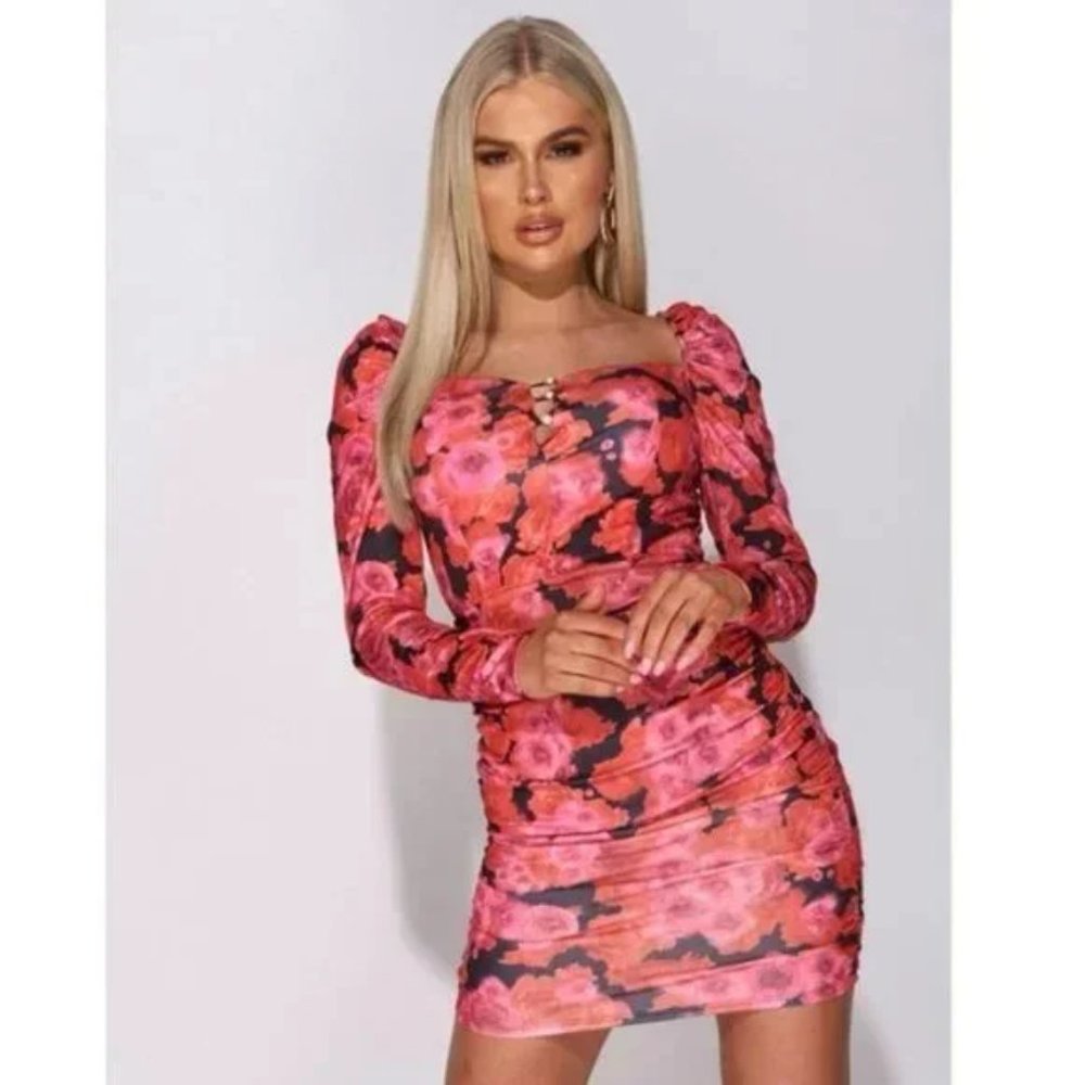 Black Floral Print Long Sleeve Square Neck Ruched Bodycon Mini Dress - Picture 8 of 15
